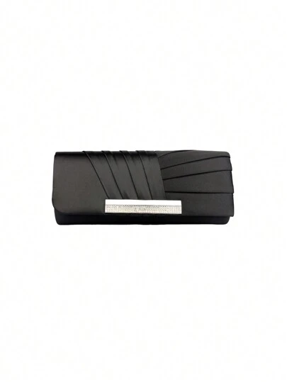 时尚优雅纯色缎面水钻褶皱三折信封手拿包，适合婚礼、派对、舞会