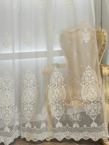 1pc European Style Floral Beaded Embroidered Curtains, White Color, Multi-Use For Bedroom/Living Room/Dining Room/Kitchen, Elegant & Lightweight, UV Protection