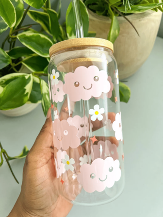 1pc 16oz Happy Clouds Glass Cup - Daisy Cup, Floral Glass Cup, Smiling Face, Springtime, Spring Vibes, Iced Coffee Cup, Clouds Cup, Coffee Cup,