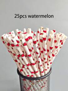 25 件/50 件可爱水果印花纸质吸管，适用于派对、果汁和饮料，一次性草莓、樱桃、西瓜、柠檬、菠萝、猕猴桃图案吸管，适用于万圣节或圣诞派对，
