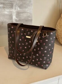Nuevo bolso de hombro grande de moda clásica de un solo color PU de gran capacidad, diseño decorativo de estampado floral de estilo dulce vacaciones, cartera elegante de mujer, bolso para ir al trabajo, adecuado para viajes, compras, ir al trabajo y fiestas, y para el inicio de la temporada escolar.