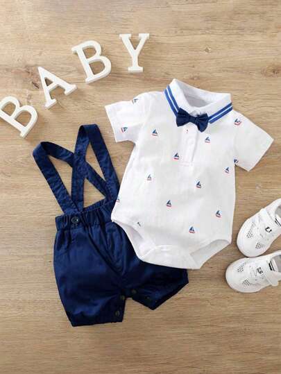 H HIBOBI 2pcs/Set Baby Boy Sailboat Printed Short Sleeve Romper And Dungaree Shorts Set For Spring/Summer