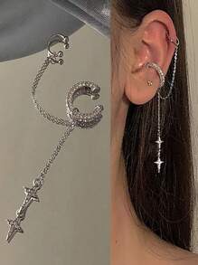 1pc Shiny Silver Color Crystal Tassel Non-Piercing Cuff Ear Clip Earring For Women Rhinestone Star Fake Cartilage Piercing Jewelry