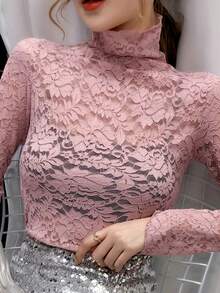 High Neck Solid Color Slim Fit Stretchy Sexy Mesh Sweater For Women - Pink - View 4