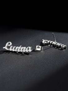 1 Pair Of Engraved Name Earrings With Customizable English Letter Logo Pattern, Personalized Stainless Steel Earring Jewelry For Men And Women, Customized Earring Gift Jewelry - Silver - View 5