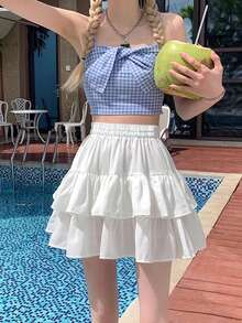 女士纯色百褶简约迷你裙，休闲日常穿搭 白色 春季 - 白色 - 查看 4