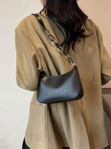 Bolso de hombro acolchado con estampado de cocodrilo de diseño de alta calidad, de estilo minimalista para mujer - Negro - Ver 6