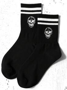 1 双骷髅标志休闲中筒袜，柔软舒适的设计，适合男士、女士、情侣、学生和日常穿着，秋季袜子 - 黑色 - 查看 4