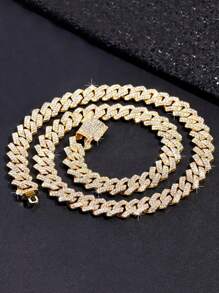 1 件欧美嘻哈水钻覆盖翻盖街头风格项链和手链金属链项链，夏季海滩派对珠宝套装 - 菱形 - 查看 22