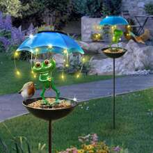 Solar Bird Feeder Frog Garden Decor,Outdoor Solar Lights Frog Figurine Lights With Umbrella, Hummingbird Feeder Decorative Path Lights,Yard Art Ornament,Weatherproof Outdoor Garden Gift - 綠色 - 查看 6