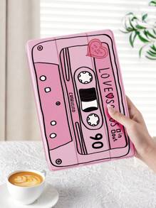 淡粉色 1 件心形磁带图案平板电脑保护壳，防摔，带笔槽，睡眠/唤醒功能，兼容三星、华为、小米和 iPad