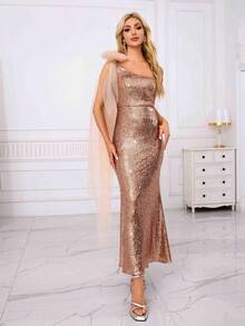 闪光美人鱼下摆披肩透明斗篷单肩礼服和紧身设计优雅舞会半正式婚礼宾客礼服，适合生日、毕业典礼、返校节 - 乾枯玫瑰色 - 查看 3