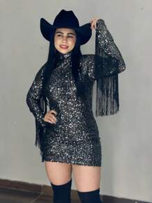 BE YOU Livestock Dress In Sequin Long Sleeve With Fringe High Neck With Zipper - Silver - View 1
