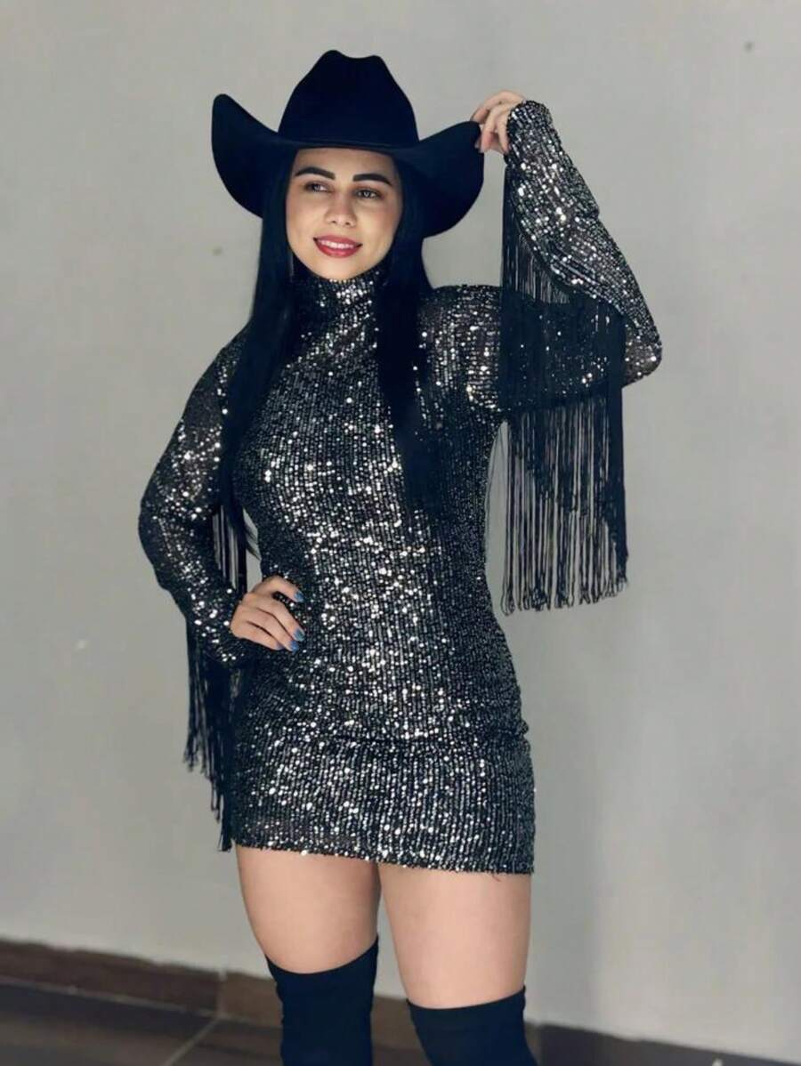 BE YOU Livestock Dress In Sequin Long Sleeve With Fringe High Neck With Zipper - Silver - View 1
