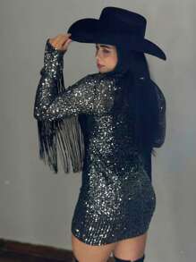 BE YOU Livestock Dress In Sequin Long Sleeve With Fringe High Neck With Zipper - Silver - View 2