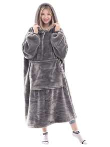 1 Pcs Wearable Blanket Sweatshirt Gifts For Women And Men, Warm And Cozy Giant Blanket Hoodie, Thick Flannel Blanket With Sleeves And Giant Pocket - 灰色 - 查看 1