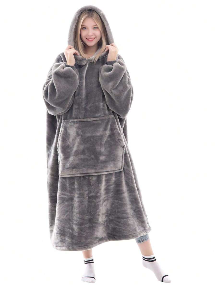 1 Pcs Wearable Blanket Sweatshirt Gifts For Women And Men, Warm And Cozy Giant Blanket Hoodie, Thick Flannel Blanket With Sleeves And Giant Pocket - 灰色 - 查看 1