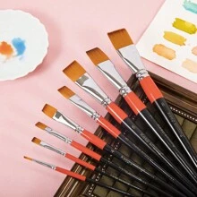 4/8pcs/Set Assorted Size Flat & Round Black And Red Handle Brush Set For Painting Watercolor, Acrylic Etc. Back To School - Multicolor - View 3