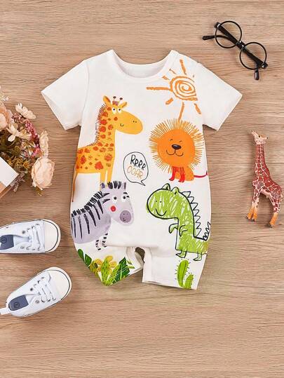 Baby Boy Casual Animal Pattern Printed Jumpsuit With Square Collar Summer Outfit
