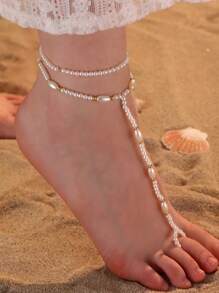 2件套波西米亚海滩度假风人造珍珠贝壳蝴蝶结串珠脚链套装（女士） - 彩色 - 查看 16