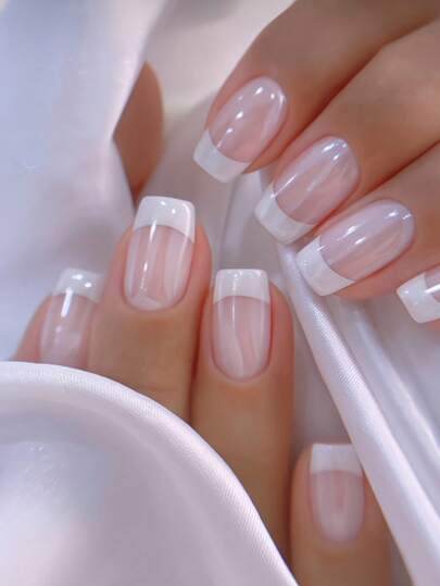 Instantly Upgrade Your Look With 24Pcs Medium Square Press On Nails Set Simple White French Style Glitter Fake Nails Sweet Pink Fake Nails Full Coverage Fake Nail Tips For Women And Girls Includes 1 Sheet Adhesive Tabs & 1 Pc Mini File Strip Jelly Gel Random Shipment Nail Supplies Nails
