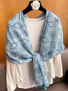 180*85cm流行款头巾1条，户外防晒流苏头巾，穆斯林头巾，奢华印花长方形披肩，四季新款薄围巾，女士防风柔软围巾，时尚防沙沙滩巾， - 彩色 - 查看 9