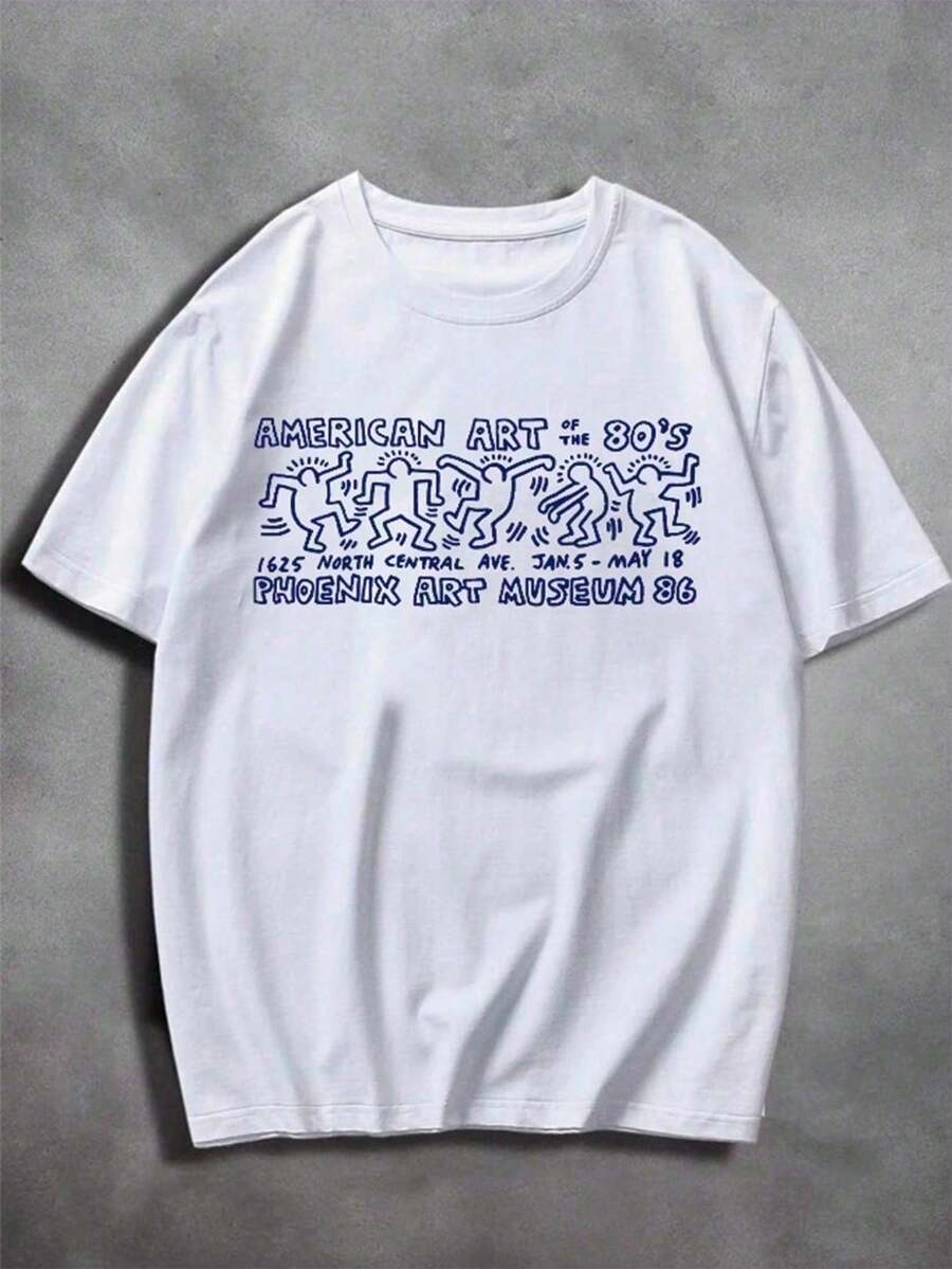 Long Line T-Shirt American Art Print Graphic Drawing Embroidered Front Art America Year 80 Retro Vintage Rock Painting Oversized Short Sleeve Dropped Shoulder Life Style Unisex - 白色 - 查看 1
