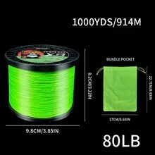1000 yardas/914 metros Línea de pesca trenzada verde fluorescente, 8 hebras, opciones de fuerza desde 10 LB-100 LB, con paquete delicado de uso múltiple, resistente a la abrasión, alta resistencia, línea de pesca con carrete suave ultra, adecuada para pesca en el mar y agua dulce - Verde - Ver 8