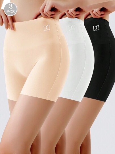 3 Pcs Solid Seamless High Waist Boy Shorts - Ultra Comfy, Breathable, Stretchy, Tummy Control Intimates - Simple, Knit Fabric, Polyamide Material, Women Lingerie & Underwear