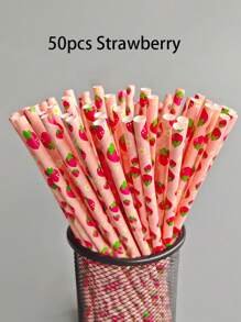 25 件/50 件可爱水果印花纸质吸管，适用于派对、果汁和饮料，一次性草莓、樱桃、西瓜、柠檬、菠萝、猕猴桃图案吸管，适用于万圣节或圣诞派对，