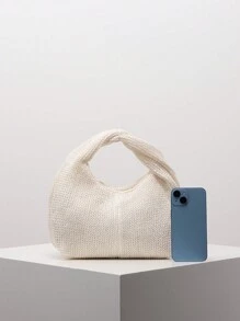 时尚不对称双扭纹方包 复古编织手提包 极简多用途通勤包 沙滩包 节日休闲草编钱包 (图案随机) - 米色 - 查看 3