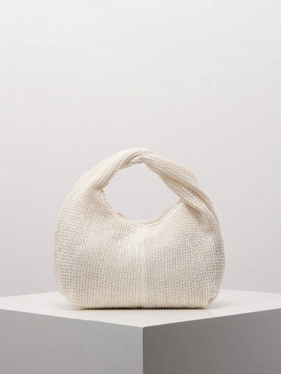 时尚不对称双扭纹方包 复古编织手提包 极简多用途通勤包 沙滩包 节日休闲草编钱包 (图案随机)