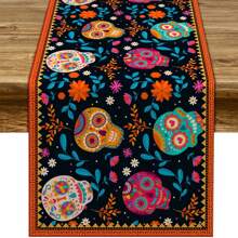 Toalha de mesa com estampa de caveira do Dia dos Mortos, ideal para festas temáticas de Halloween e Carnaval Mexicano. Perfeita para cozinha, restaurante e decoração de casa. Ideal para fazendas, residências, feriados, festas, aniversários, casamentos e jantares. Decorações de Halloween e festas temáticas em casa.