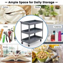 3-Tier Utility Cart, Service Cart With Ample Storage Space & Humanized Handle, Multifunctional Utility Cart With Flexible Wheels, Suitable For Office, Garage, Warehouse, Library, Workshop, Grey - Grey - View 3