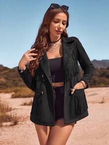 Black Faux Suede Fringe Jacket - Black - View 4