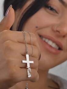 Personalized Name Cross Necklace For Women Men Silvery Gold Color Stainless Steel Customized Name Cross Pendant Jewelry Custom Easter Jewelry Christian Gift Mother's Day Gift Religious Accessories Chains Choker - Silver - View 4