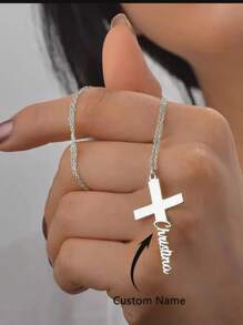 Personalized Name Cross Necklace For Women Men Silvery Gold Color Stainless Steel Customized Name Cross Pendant Jewelry Custom Easter Jewelry Christian Gift Mother's Day Gift Religious Accessories Chains Choker - Silver - View 3