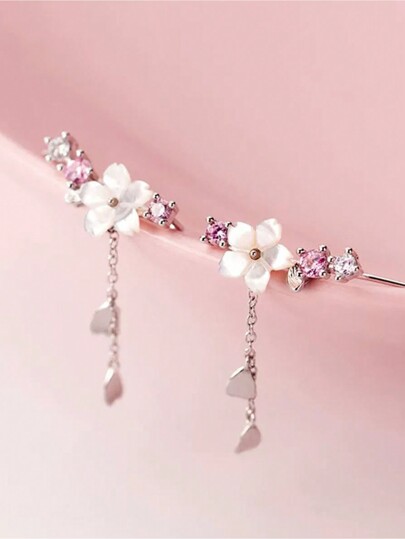 BALMORA Cubic Zirconia & Flower Sterling Silver Drop Earrings Holiday Valentines