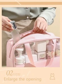 1pc Women's Pink Minimalist PU Leather Cosmetic Bag, Water-Resistant For Home, Travel For School Bag Organizer Back To School Supplies Bathroom Accessories Holiday Essentials Small Pouch Cruise Essentials Travel Accessories Pouch Bag - Black - View 2