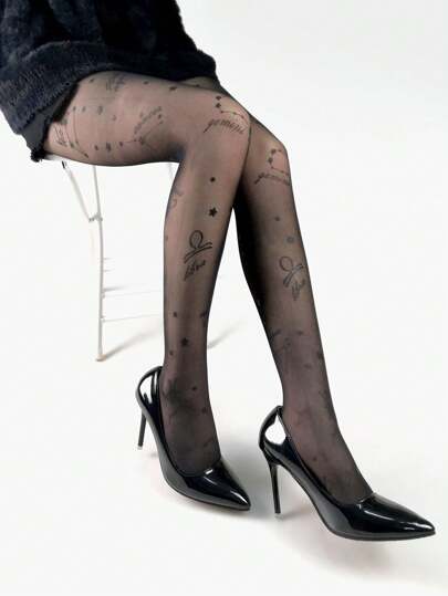 Black Constellation Print Sheer Pantyhose, Sexy Non-Slip Non-Ladder Tights, Thin Stockings For Spring & Autumn
