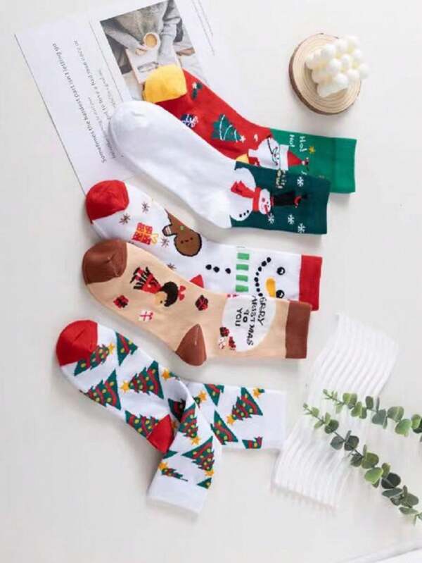 5 pares de calcetines medianos con estampado de dibujos animados, serie navideña