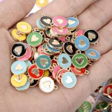50pcs Assorted Double-Sided Oil Dripping Heart-Shaped Alloy Round Charms, Suitable For Women's Necklace, Earrings, Hair Accessories, Pendant DIY, Heart-Shaped Jewelry, Couples Pendant, Gift For Friends Holiday - Multicolor - View 12