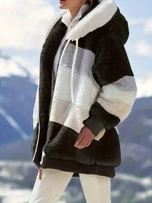 女款毛绒拼色连帽超大夹克，秋冬款 - 黑色 - 查看 7