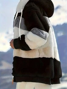 女款毛绒拼色连帽超大夹克，秋冬款 - 黑色 - 查看 6