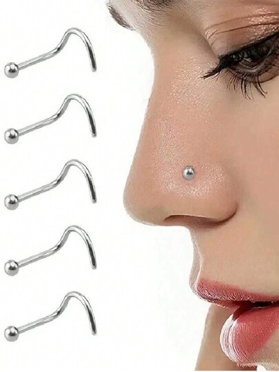 10pcs Simple Piercing Jewelry Set Including Ball Shaped Nose Stud, Straight Barbell, L-Shaped Barbell, Curved Barbell And Stud Earrings, Suitable For Women's Daily Wear