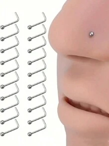 10pcs Simple Piercing Jewelry Set Including Ball Shaped Nose Stud, Straight Barbell, L-Shaped Barbell, Curved Barbell And Stud Earrings, Suitable For Women's Daily Wear - Silver - View 2