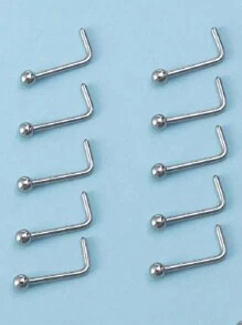 10pcs Simple Piercing Jewelry Set Including Ball Shaped Nose Stud, Straight Barbell, L-Shaped Barbell, Curved Barbell And Stud Earrings, Suitable For Women's Daily Wear - Silver - View 8