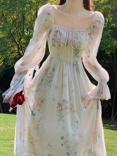 Vestidos Elegantes Vestidos Casuales De Malla Adecuados,Vestido De Manga Farol Con Estampado Floral,Vestido Con Estampado Floral De Cuello Cuadrado Y Manga Abullonada,Día de Navidad,Año Nuevo