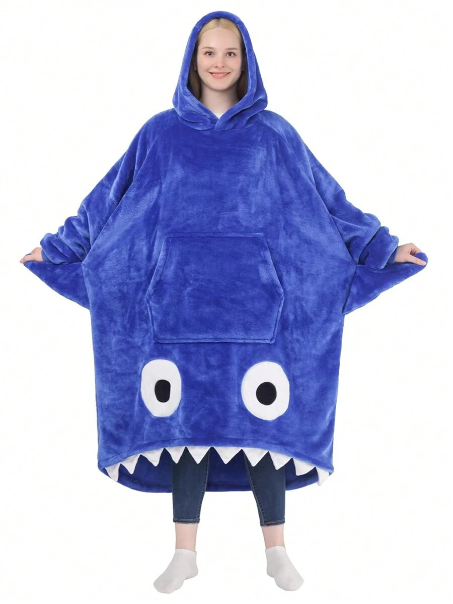 Shark Hoodie Blanket For Adult, Shark Wearable Blanket Hoodie Gifts For Women Men, Funny Blanket With Sleeves Is Funny Gift, Hooded Blanket Shark Gifts - 藍色 - 查看 1