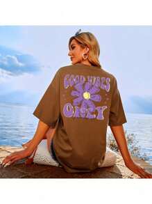 Women's Cotton T-Shirt Blouse Round Neck Short Sleeve Vintage - 鏽棕色 - 查看 2